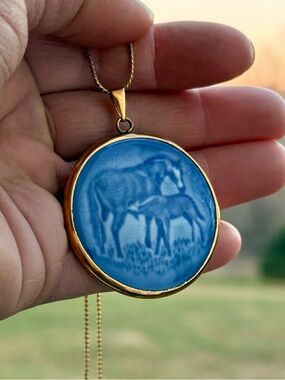 Vintage Gold Fill & Porcelain Mare and Foal Mother’s Day Pendant Necklace, 16.5”